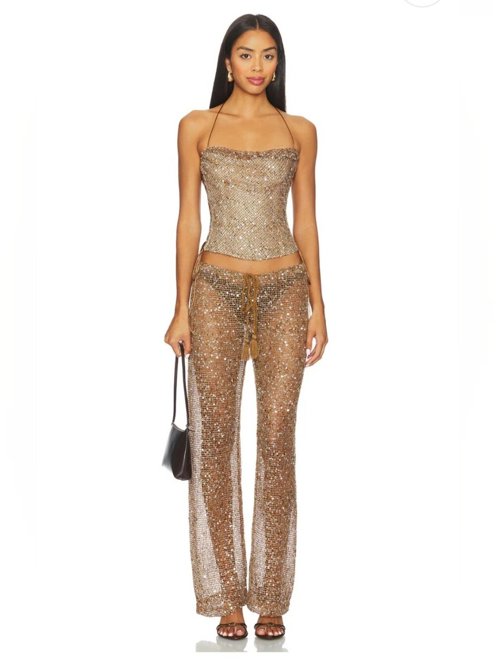 Jaded London Metallic Gold Sequin Wide Leg Drawstring Pants